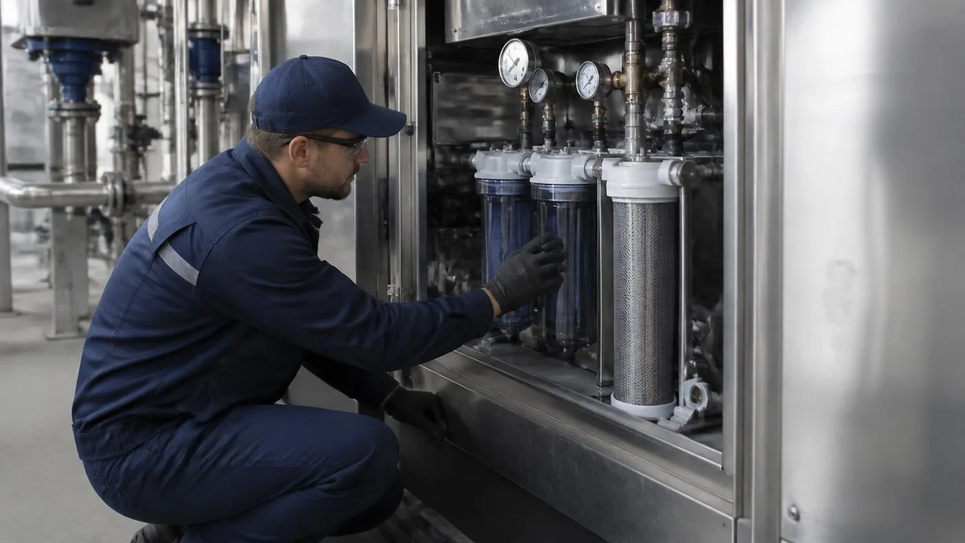 Servicetekniker som kontrollerar filter och tryckmätare på en befuktningsanläggning.